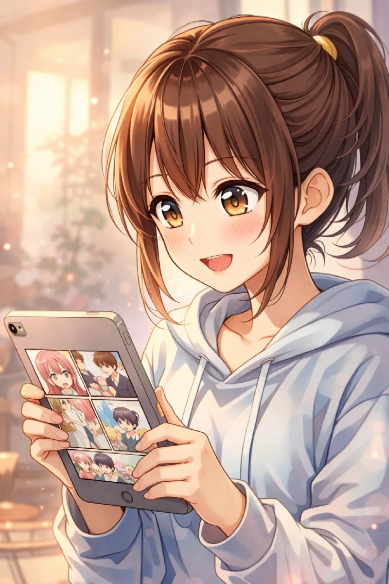 아이패드 미니로 웹툰을 보는 소녀의 그림.png