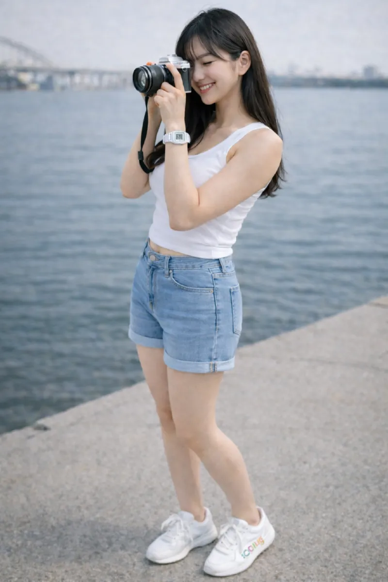Young woman photographing at the waterfront with casio f91w.png